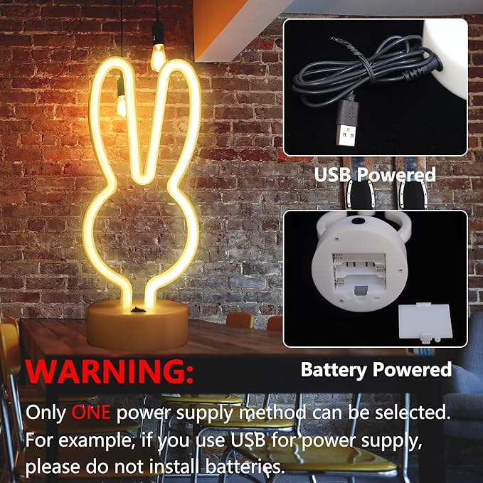 Easter Decorations Neon Signs, Bunny Neon Lights with Base - Battery/USB Operated Rabbit Stuff for Home, Nursery Room, Baby Teen Kids Girls Bedroom, Spring Decor (Warm White)