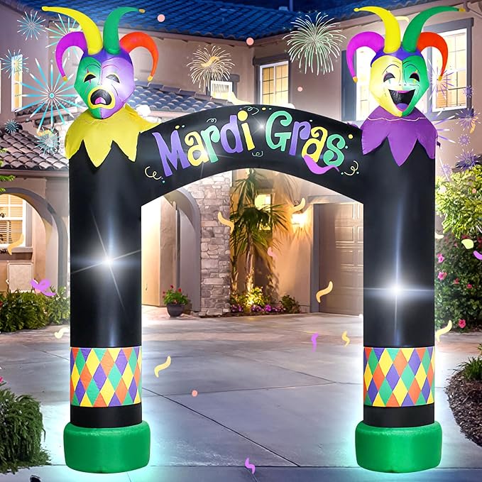 10FT Mardi Gras Inflatable Arch with LED Lights - Easter Blow Up Outdoor Decoration, Jester Mask Archway for Party/Yard/Garden/Lawn, Built-in Sandbags & Easy Set up