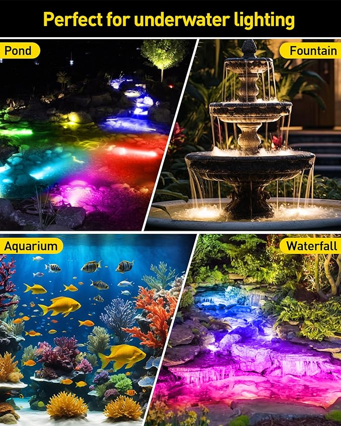 T-SUN Colored Pond Lights with Timer, LED Underwater Submersible Fountain Fish Tank Landscape Lights - Bluetooth APP & Remote Control, IP68 Waterproof (Set of 3)