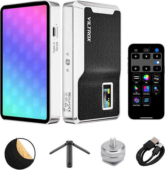 RGB Video Light Kit, 6000mAh Portable Camera Light 8W Output Power, LED Video Light Panel, 2500-8500K CRI TLCI 97+ Photograhy Lighting, with Mini Tripod, 60cm Reflector
