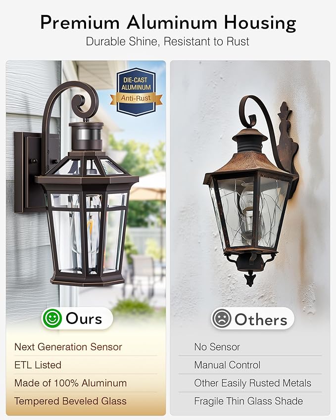 Motion Sensor Porch Lights Outdoor Wall Mount, Oil Rubbed Bronze Exterior Wall Sconce Lantern with E26 Socket, Waterproof Dusk to Dawn Outdoor Lighting Fixtures, Coach Lights for Garage, Patio