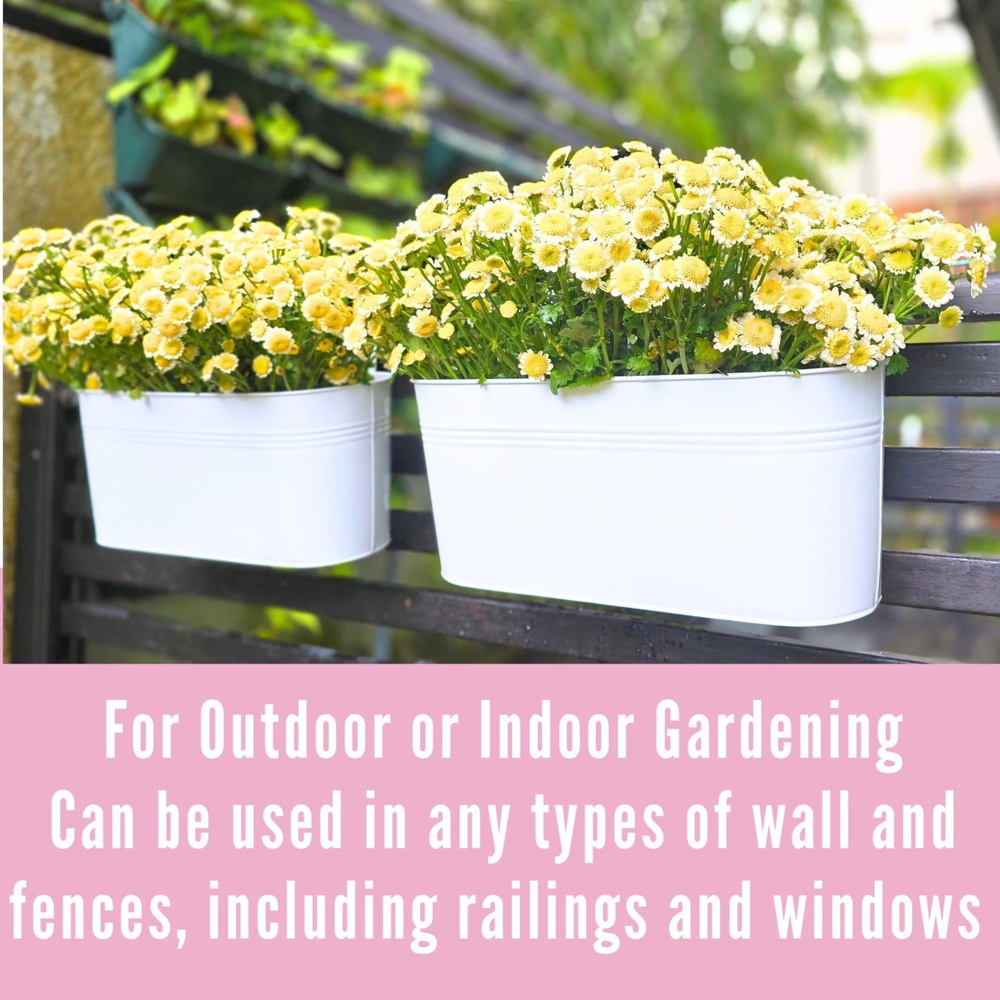 LaLaGreen Outdoor Plants Rail Planter (4 Pack, 15 Inch) White Metal Iron Hanging Flower Pot Deck Railing Fence Bucket Modern Boho Style Wall Mount Window Box Plant Holder Hooks Porch Herb Garden Decor