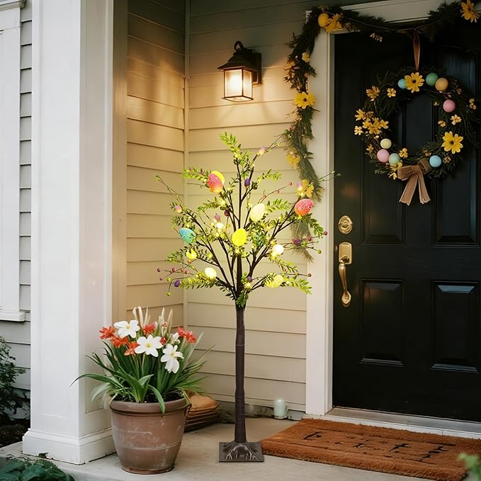 DR.DUDU 4FT Lighted Easter Tree with Timer, Pre-Lit Artificial Egg Trees with Colorful Eggs & LED Lights, Easter Decorations for Home Indoor Outdoor, Spring Decor for Porch, Office