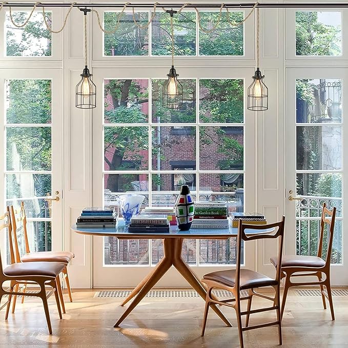 3-Light Hanging Light with Plug in Cord,Plug in Pendant Light 22ft Hemp Rope Pendant Lighting Vintage 3-Light Hanging Lamp Fixtures for Kitchen Island Living Room Bedroom