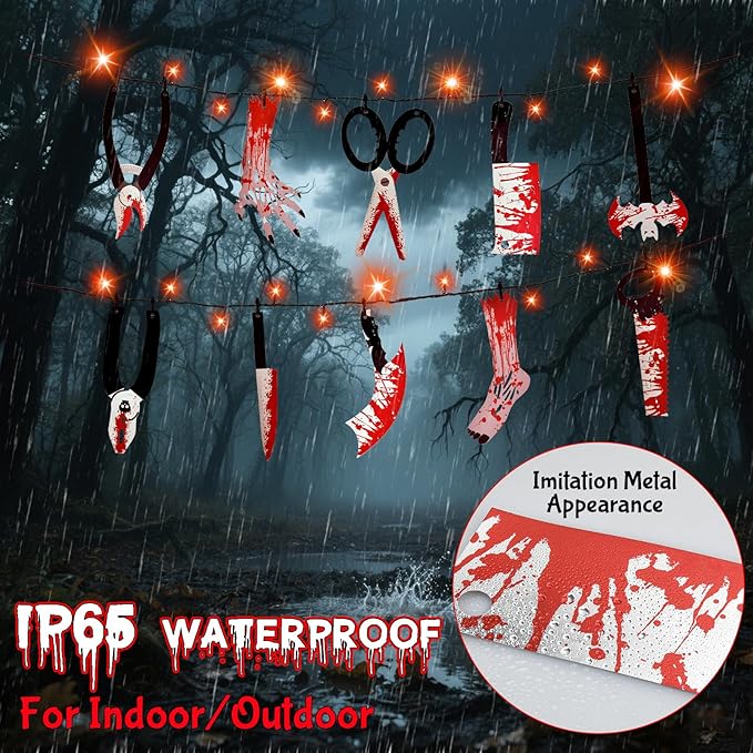 Halloween Party Decorations with 11FT Halloween Lights String and 15 Fake Props, 8 Modes Timer Waterproof Indoor Outdoor Battery Operated, Orange