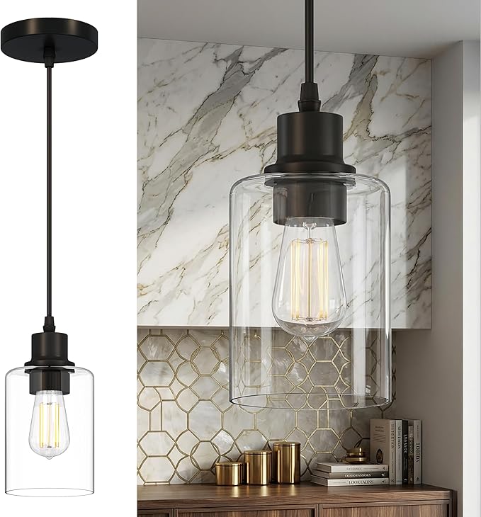1Pack Pendant Lights Kitchen Island, Modern Industrial Pendant Light Fixtures with Glass Shade, E26 Socket Adjustable Cord for Bedroom, Dining Room,Living Room, Farmhouse Pendant Lighting