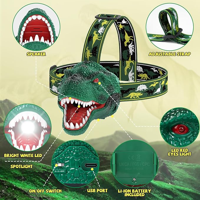 Dinosaur Headlamp for Kids Flashlight Rechargeable Led Dino Head Lamp Roar & Silent Mode, T-Rex Dinosaur Toys for Kids 3 4 5 6 7 8, Camping Gear, Easter Gifts for Boys Girls Adults