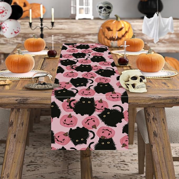 Halloween Table Runner Black Cat Pink Pumpkins Seasonal Kitchen Dining Table Home Outdoor Party Decorations 13x36 Inch