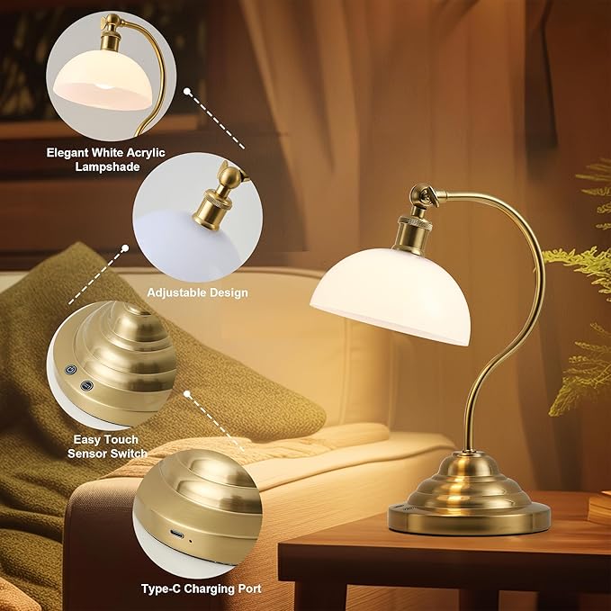Cordless LED Table Lamp Set of 2, Battery Operated Desk Lamps with Swing Arm & Plastic Shade, Vintage Small Rechargeable Dimmable Light for Bedroom, Living Room, Nightstand, Brass/White