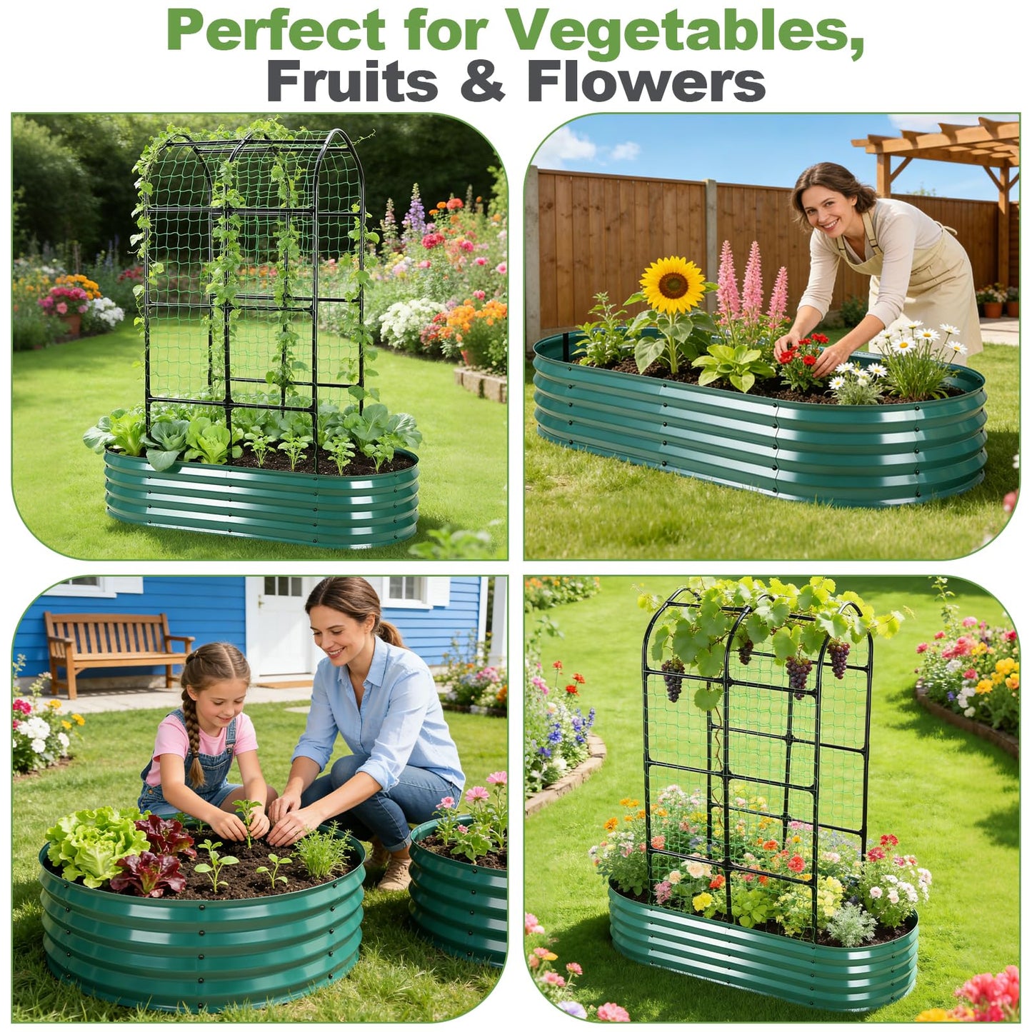 Raised Garden Bed with Arched Trellis, Galvanized Raised Garden Bed with Netting Plant Ties Gloves Trowel, Metal Planter Box Outdoor Drainage Design for Gardening Climbing Plant Vegetable Flower Fruit
