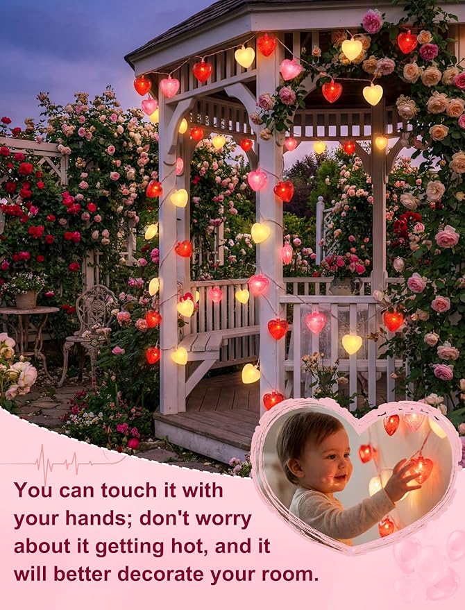 12Ft Red Pink White Heart String Lights, 20 LED 3D Glitter Hearts Plug in Fairy Lights, Connectable Waterproof Valentine's Day Decorations for Bedroom, Window, Wedding, Anniversary, Indoor Outdoor