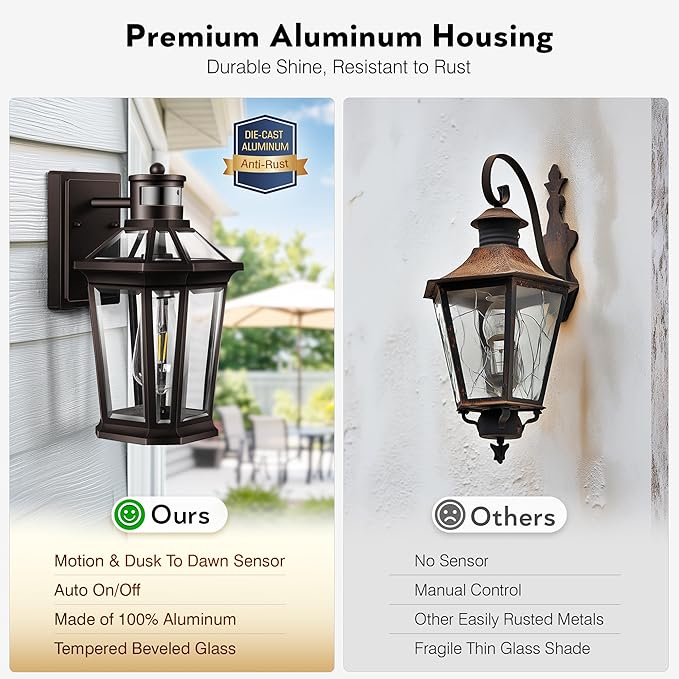 VIANIS Motion Sensor Outdoor Lights, Oil Rubbed Bronze Dusk to Dawn Outdoor Wall Lights Exterior, Waterproof Wall Lantern with Tempered Glass, Modern Outside Wall Sconce for Garage Front Porch, E26