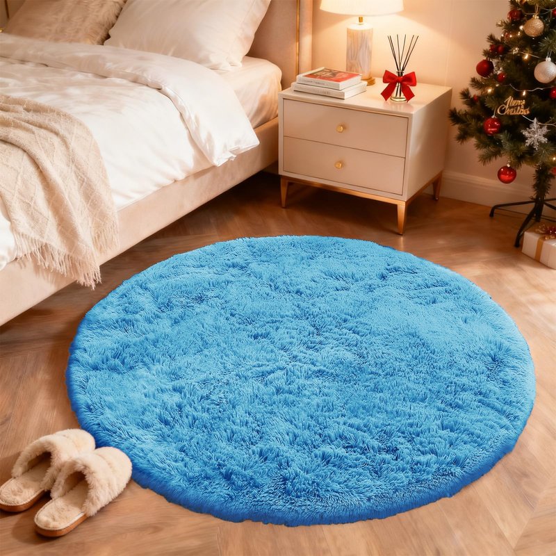 OLANLY Bright Blue Round Rugs for Bedroom - Machine Washable, 4 ft Circle Area Rugs for Living Room, Soft and Fluffy Shaggy Carpet for Teen Girl and Boys, Nursery Rooms, Dorms, Home Decor Aesthetic