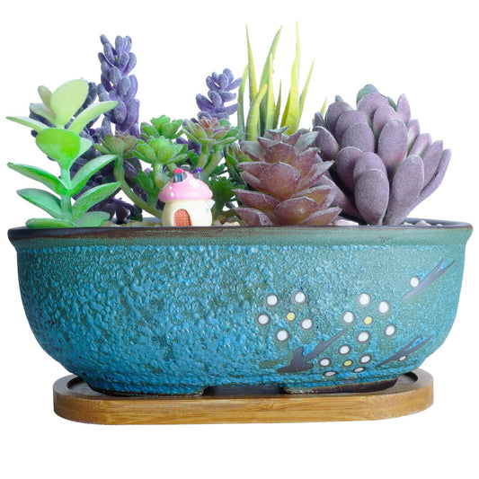 ARTKETTY Succulent Pots, 7.9" Rectangle Succulent Planters with Drainage Tray, Shallow Planters for Indoor Plants Ceramic Cactus Pots Bonsai Flower Plant Container for Home Windowsill Decor