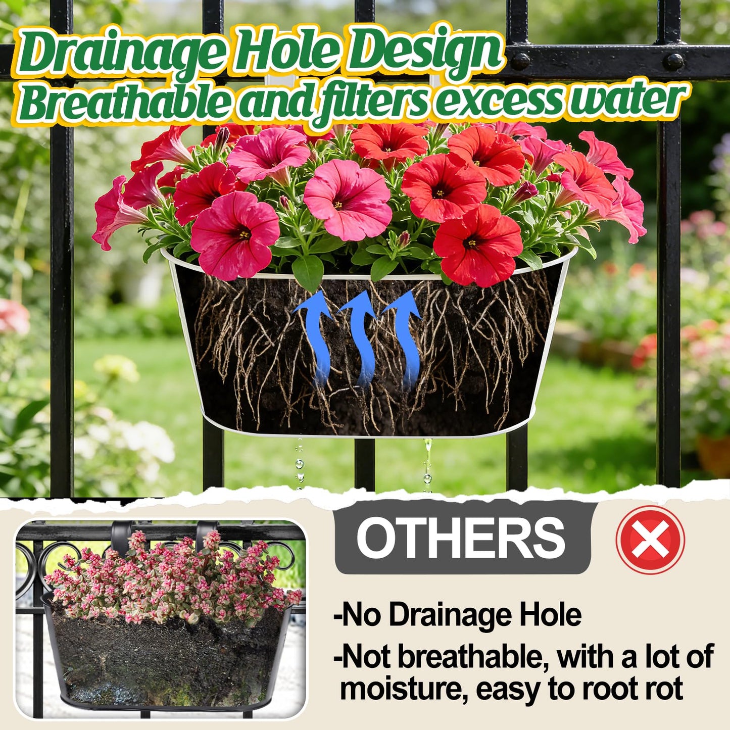 MADHOLLY Railing Planter with Drainage Holes - Sturdy Bucket Pots for Railing Fence, Countryside Style Metal Flower Pots for Herbs Balcony Garden Yard Decor, 2Pcs, White