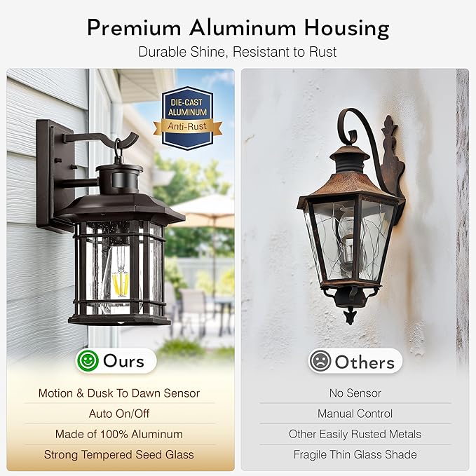 VIANIS Motion Lights for Outside, 2 Pack Dusk to Dawn Exterior Lighting Fixtures, Bronze Front Porch Light Lantern, Waterproof Outside Lights for House, Porch, Entryway, Oil Rubbed Bronze, Anti-Rust