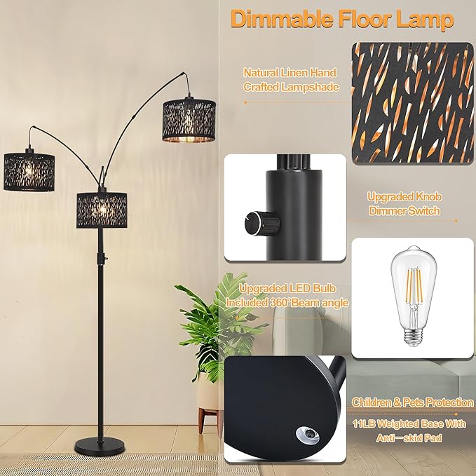 Dimmable Floor Lamp-3 Lights Arc Floor Lamps for Living Room,Modern Tall Standing Lamp With Black Drum Hollow-carved Design Shades,Gothic Mid Century Tree Floor Lamp for Bedroom Corner,Bulbs Included