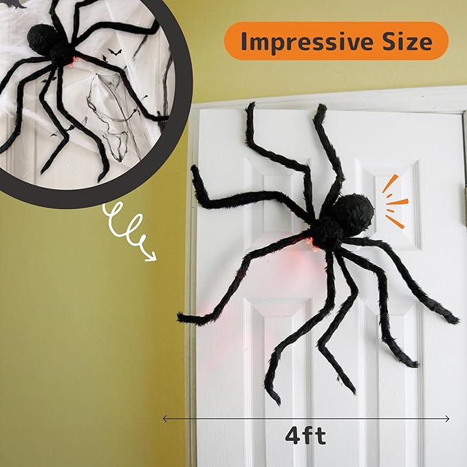 PREXTEX Halloween Spider with Light Up Eyes (LED Lights) - Decorations 4 Ft Hairy Spider Prop with Giant LED Red Eyes - Halloween Decor for Indoor, Outdoor, Golf Cart, Wall - Door Hanger