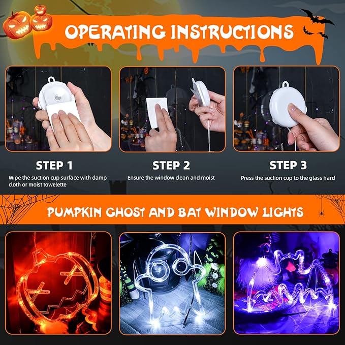 LOLStar Halloween LED Lights Decorations 2025 Orange Pumpkin White Ghost Purple Bat Window Display with Suction Cups, Battery Operated Window Decor Slow Fade Mode and Timer 3-Pack