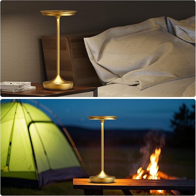 LED Cordless Table Lamps Rechargeable - Outdoor 6000mAh Battery Operated Portable Tables Light 3 Color Stepless Dimming Lamp with Memory Function for Patio Restaurant Dining Gold