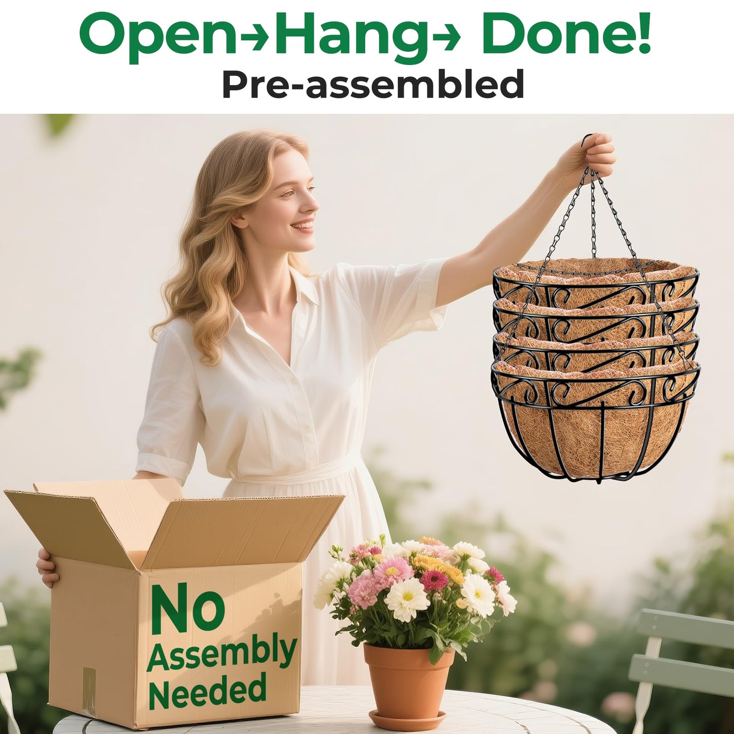 AMAGABELI GARDEN & HOME 4 Pack 12 Inch Metal Plant Hanging Baskets Planter Flower Pots Outdoor Indoor Wire Hanging Basket for Vegetable with Coco Fiber Liners for Garden Home Porch Decor