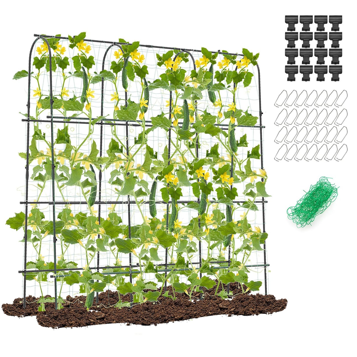 CHEFJOY 71” x 71” Trellis for Climbing Plants Outdoor, U-Shaped Metal Garden Arched Trellis with Netting, Sure-Clips & Ground Stakes, Cucumber Trellis for Vegetable Fruit Flower Vine