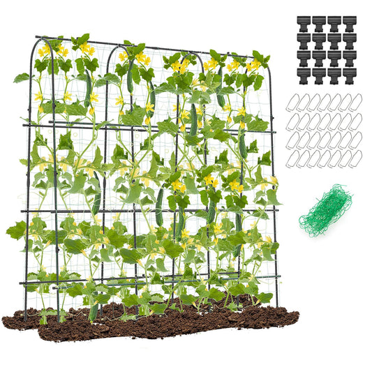 CHEFJOY 71” x 71” Trellis for Climbing Plants Outdoor, U-Shaped Metal Garden Arched Trellis with Netting, Sure-Clips & Ground Stakes, Cucumber Trellis for Vegetable Fruit Flower Vine