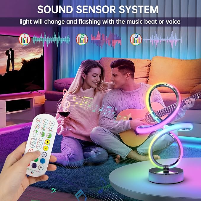Modern RGB Table Lamps, Multicolor Changing Spiral Bedside Lamp with Remote&APP, Cool Table Lamp, Dimmable LED Nightstand Lamp with Music Rhythm Modes for Bedroom, Living Room, Black(2 Pack)