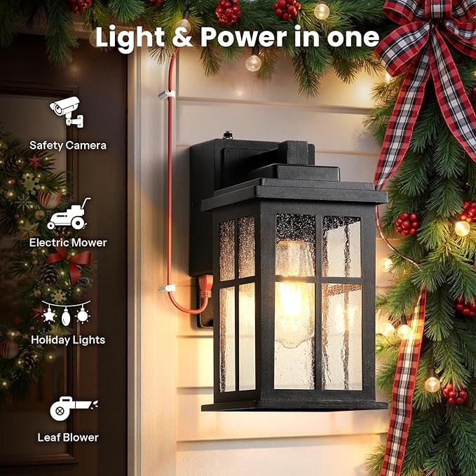 Gleamz Black Porch Lights Outdoor with GFCI Outlet, Modern Dusk to Dawn Outdoor Garage Lighting Fixtures Wall Mount, Anti-Rust Exterior Wall Sconce Lantern for House Coach, Outside Lights with Outlet