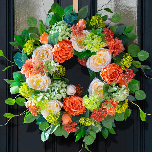 CHvista Spring Wreaths for Front Door Outside 24 Inch Luxury Summer Wreath with White Rose Flowers,Pink Dahlia & Green Hydrangeas,Lush Greenery Spring Front Door Wreath for Home,Wall,Porch Decor