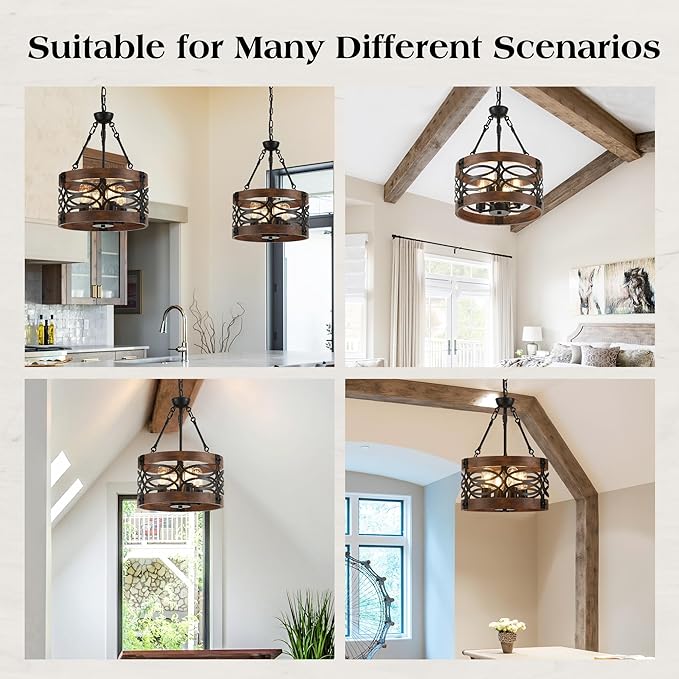 4-Light Farmhouse Drum Wood Pendant Light 13.8'' Vintage Rustic Brown Oak Wood Chandeliers,Retro Industrial Hanging Light Fixtures for Dining Room Entryway, Bedroom