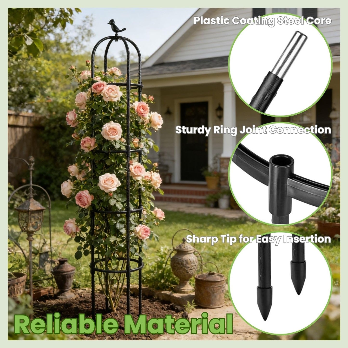 Lancisism Garden Obelisk Trellis for Climbing Plants Outdoor - 6.3 Ft Plant Support Round Trellis for Potted Plants Indoor - Rustproof Plastic Coated Tomato Cage for Vines Flowers Fruits Vegetable