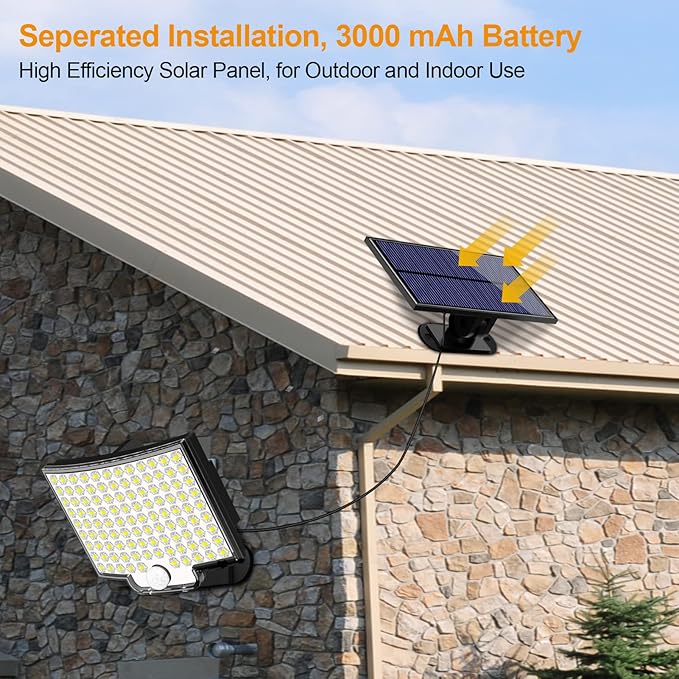 Solar Lights Outdoor, 106 LED 3000LM Solar Powered Motion Sensor Flood Lights with Remote, Dusk to Dawn Led Solar Security Wall Lights with 16.5Ft Cable IP65 Waterproof for Outside, Garage, 1 Pack