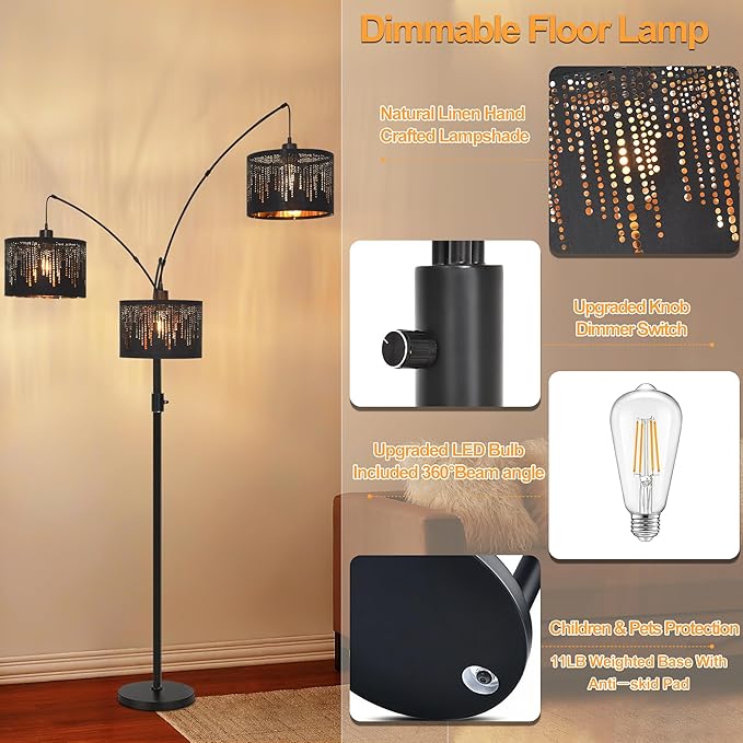 Dimmable Floor Lamp-3 Lights Arc Floor Lamps for Living Room,Modern Tall Standing Lamp With Black Drum Crystal Design Shades,Gothic Mid Century Tree Floor Lamp for Bedroom Corner,Bulbs Included