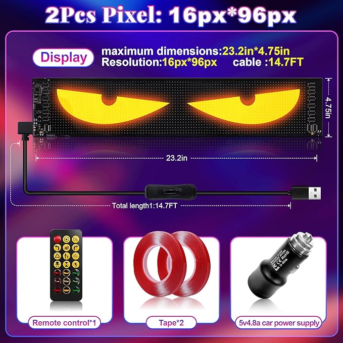Sachie 5800 Lux High-Brightness Multi-Panel Sync LED Display (23.4"x4.73") – 3X Brighter, APP/Remote Programmable Scrolling Text & Animation for Cars, Stores – USB 5V Powered (1pcs)