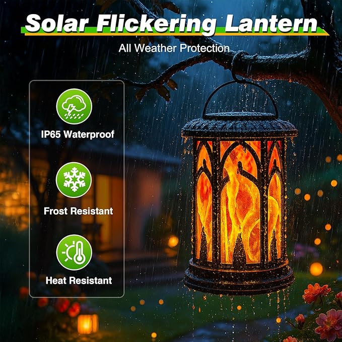 Solar Lanterns Flickering Flame Outdoor Metal Solar Light Waterproof Solar Powerd Led Flame Lights with Battery Compartment Dual Mode for Patio Fence Garden Yard Trees Lawns Decorations(Pack of 2)