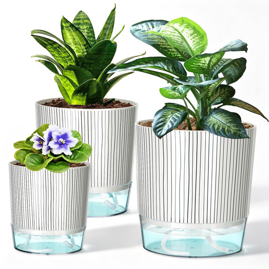 Samhe 3 Pack Self Watering Pots for Indoor Plants, 4+5.5+6.3 Inch Self Watering Plant Pots, Flower Pots with Wick Rope and Reservoir - Black Stripes