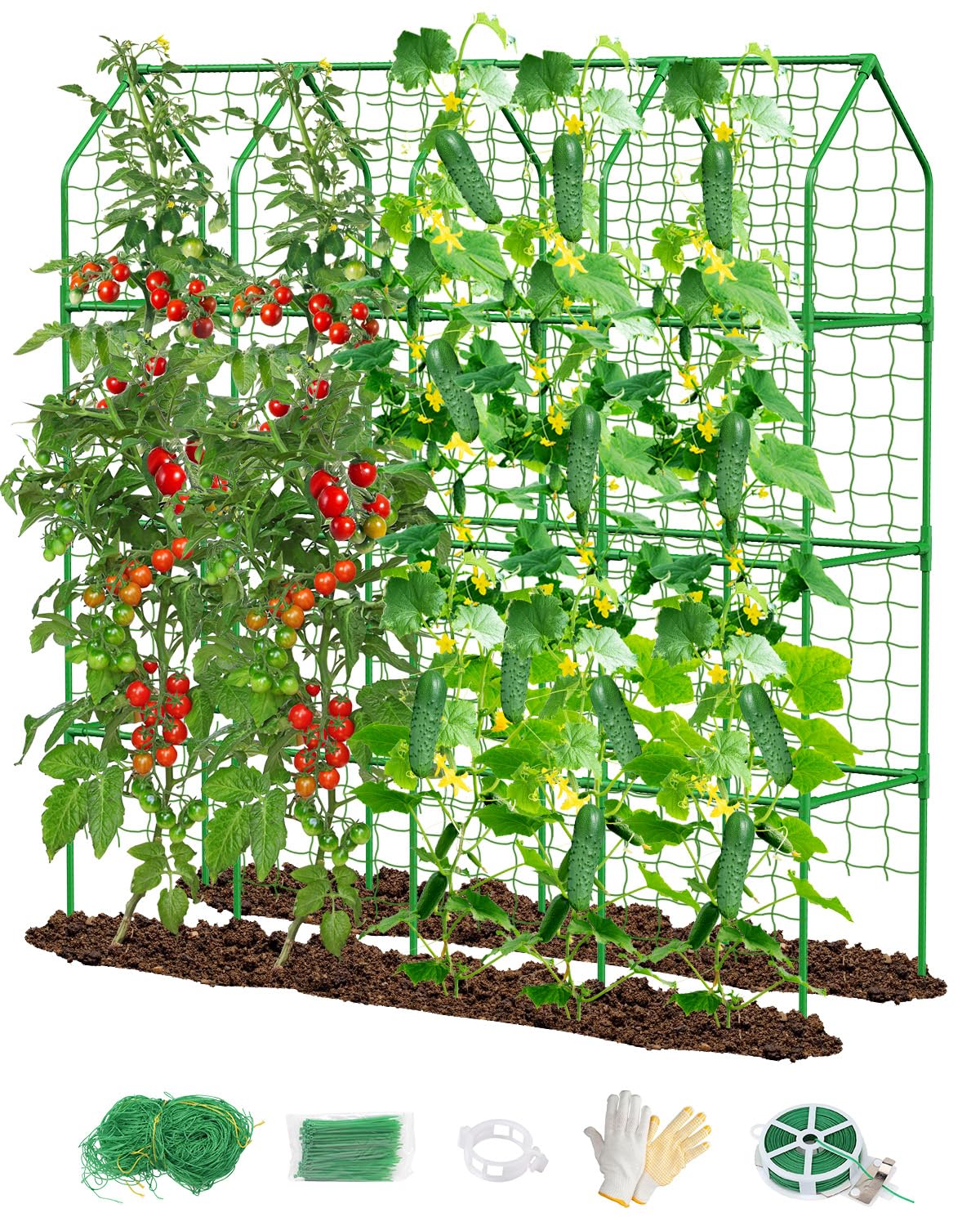 65" Cucumber Trellis for Climbing Plants Outdoor, Metal Garden Trellis for Raised Bed, Plant Support Structures with Netting for Cucumbers Tomatoes Beans Peas (67 * 17 * 65inch(L*W*H), Trellis)