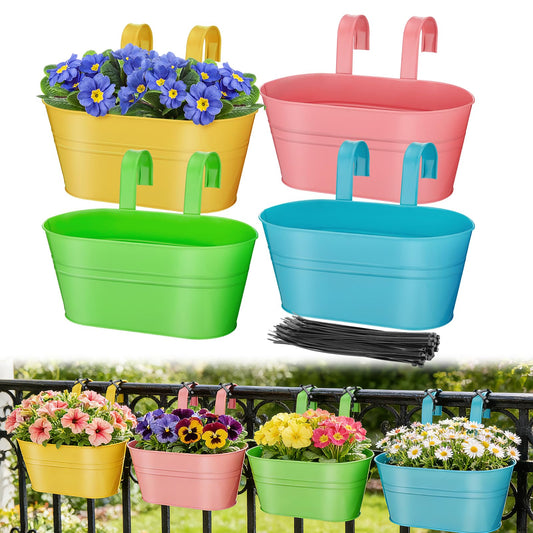 MADHOLLY Railing Planter with Drainage Holes - Sturdy Bucket Pots for Railing Fence, Countryside Style Metal Flower Pots for Herbs Balcony Garden Yard Decor, 4Pcs, Colorful