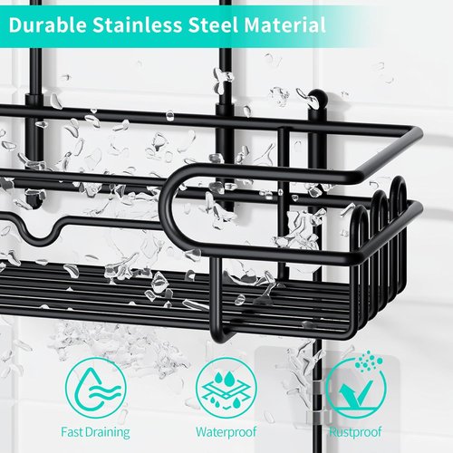 HapiRm Hanging Shower Caddy Organizer - Rustproof Bathroom Shelf with 12 Hooks & Soap Holder | Black