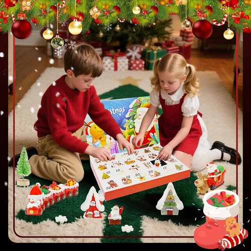 Hiawbon Mini Santa Figurines - 24-Day Advent Calendar with Resin Santa, Snowman & Xmas Trees for Holiday Decor