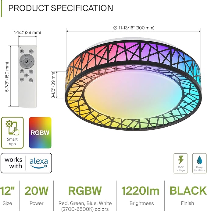 ASD 12 Inch Smart RGBW Flush Mount Ceiling Light with Remote - Matte Black 20W 120V 2700-6500K Dimmable Ceiling Light Fixture, WiFi App Control RGB Lights, Alexa & Google Assistant - ETL, 4 Pack