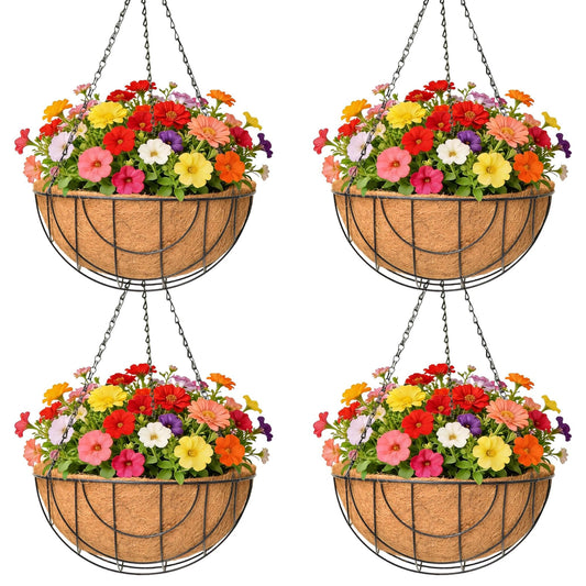 GYATSOCYG 4 Pack 14 Inch Metal Hanging Planter Basket，Natural Round Coconut Hanging Plant Flower Pot，Coconut Coir Planter for Hanging Basket Flowers/Vegetables Home Garden Patio Decoration Earth