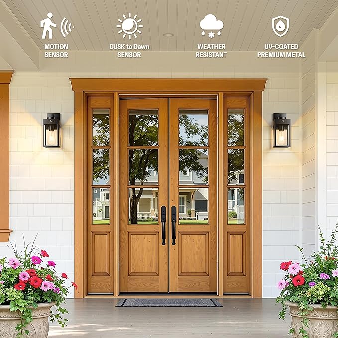 Gleamz 2-Pack Motion Sensor Exterior Light Fixtures Wall Mount for House, H 11'' Black Outdoor Sconce Light Lantern for Garage Coach Entryway, Modern Waterproof Porch Lights Outdoor Dusk to Dawn