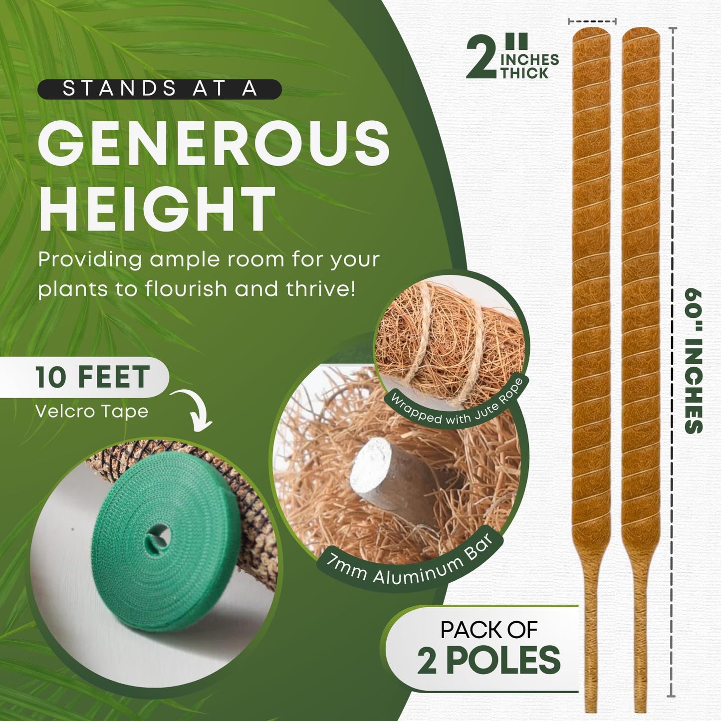 Auraville Bendable Moss Pole for Plants | 2 Pack 60 Inch Tall Moss Pole Monstera Plant Support | Large Poles for Climbing Plants | Handmade Plant Sticks Support Tall Potted Plants