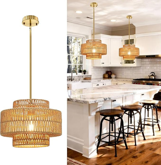 1 Light Pendant Lighting, Farmhouse Hanging Light Fixture for Kitchen Island & Dining Room, Industrial Vintage Ceiling Lamp with E26 Base, Adjustable Height, 12.4” Boho Rattan Chandelier