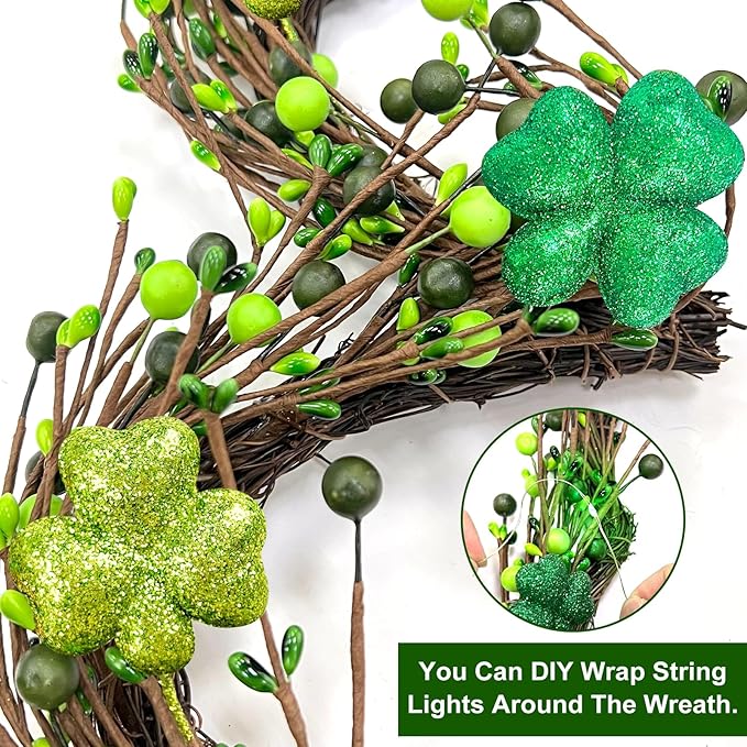St Patricks Day Decorations, Shamrocks Wreath for Front Door, 20 Green Lights Timer Battery Operated 18 Inch 10 Shamrocks 162 Berries Battery Operated Spring Artificial Wreath St. Patrick's Day Decor