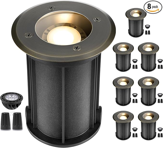 Gardenreet Low Voltage Brass Well Lights - Weatherproof LED 12V In-Ground Replaceable Bulb Fixture, Hardwired Fixture, Antique Bronze for House Wall Tree with 2700K Warm White MR16 Bulb