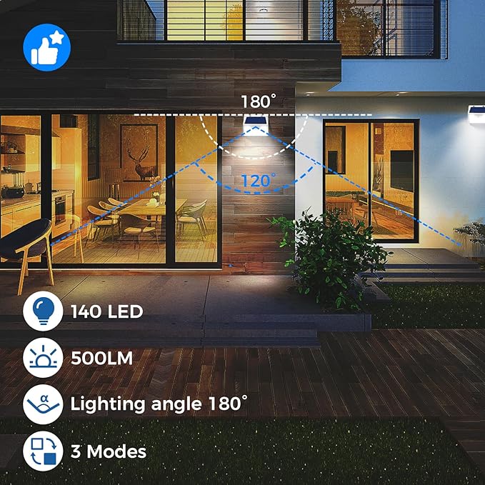Peasur Solar Lights Outdoor Waterproof, 3Pack 140LED Bright Motion Sensor Security Lights 3 Modes, Solar Powered Fence Wall Light for Garden Yard Outside(Cool White)