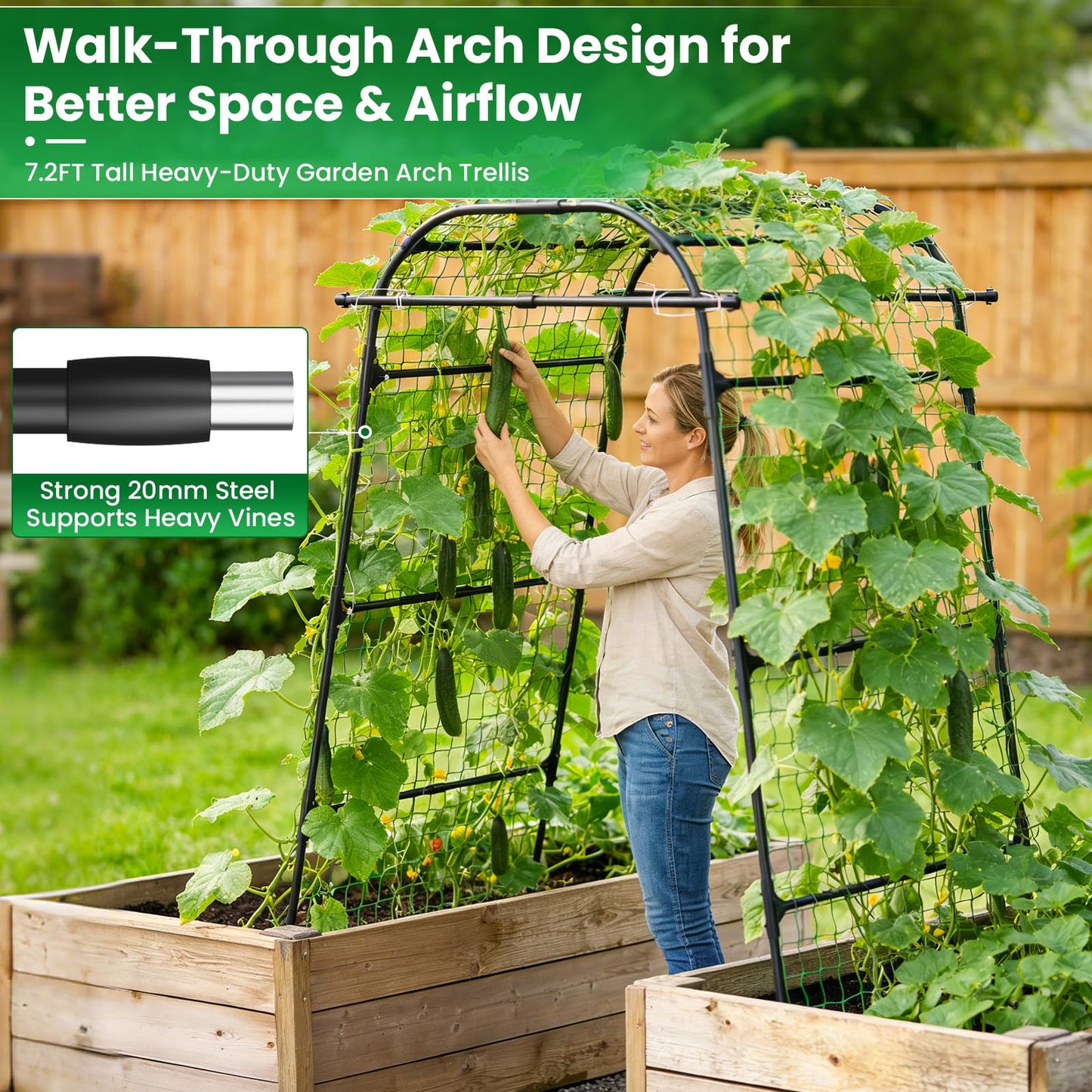 7.2FT Garden Arch Trellis for Climbing Plants, Heavy Duty 66" Wide Walk-Through Metal Arch with Netting, Wind-Resistant Vertical Garden Support for Cucumbers, Roses, Beans, Squash (33" Arch)
